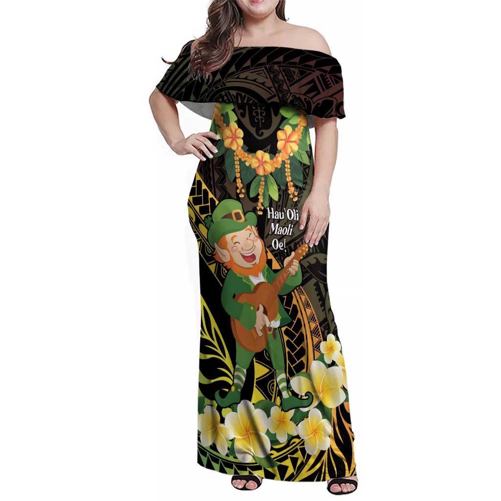 Hawaii Saint Patrick's Day Family Matching Off Shoulder Maxi Dress and Hawaiian Shirt Ukulele Leprechaun Hau'Oli Maoli Oe! LT14 Mom's Dress Reggae - Polynesian Pride