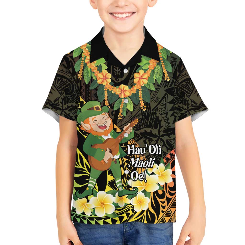 Hawaii Saint Patrick's Day Family Matching Off Shoulder Maxi Dress and Hawaiian Shirt Ukulele Leprechaun Hau'Oli Maoli Oe! LT14 Son's Shirt Reggae - Polynesian Pride