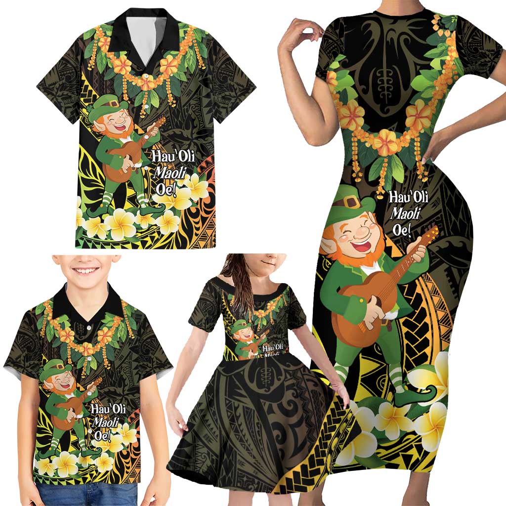 Hawaii Saint Patrick's Day Family Matching Short Sleeve Bodycon Dress and Hawaiian Shirt Ukulele Leprechaun Hau'Oli Maoli Oe! LT14 - Polynesian Pride