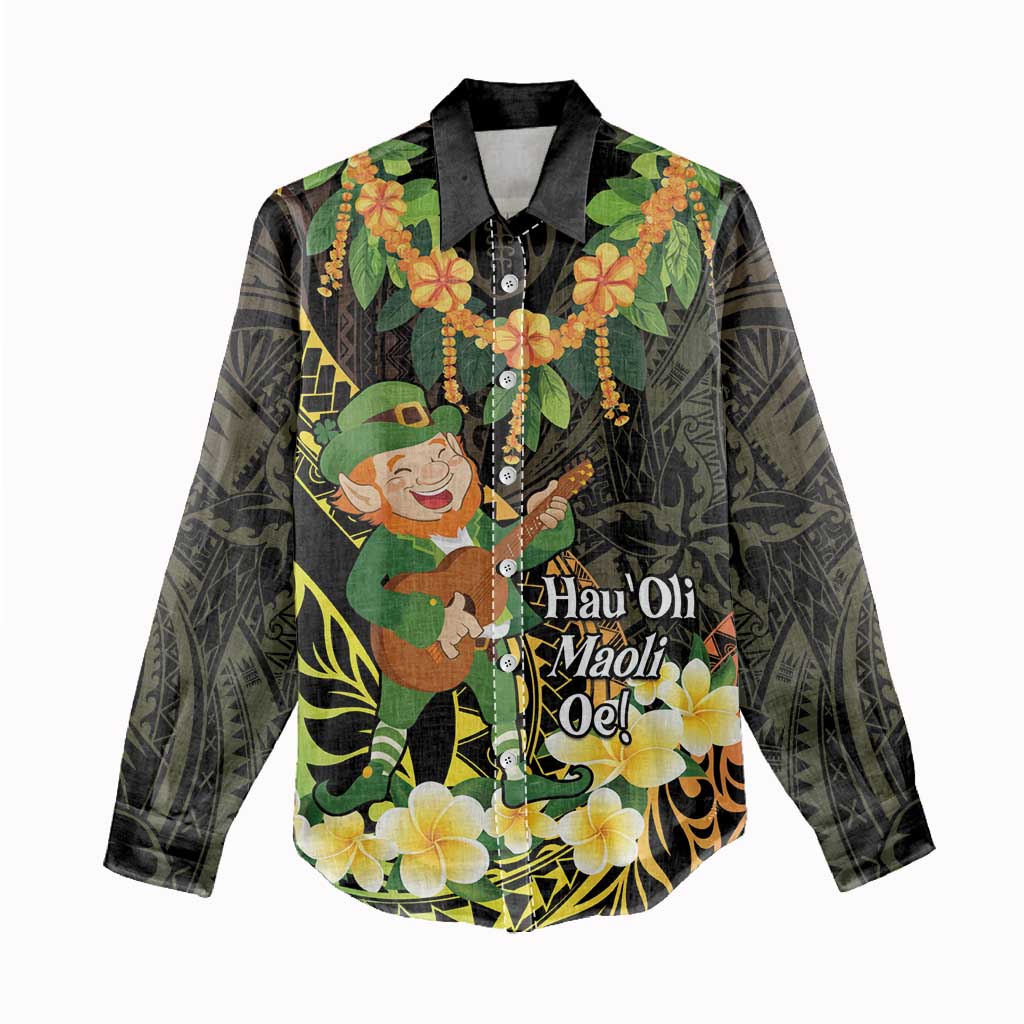 Hawaii Saint Patrick's Day Women Casual Shirt Ukulele Leprechaun Hau'Oli Maoli Oe! LT14 - Polynesian Pride