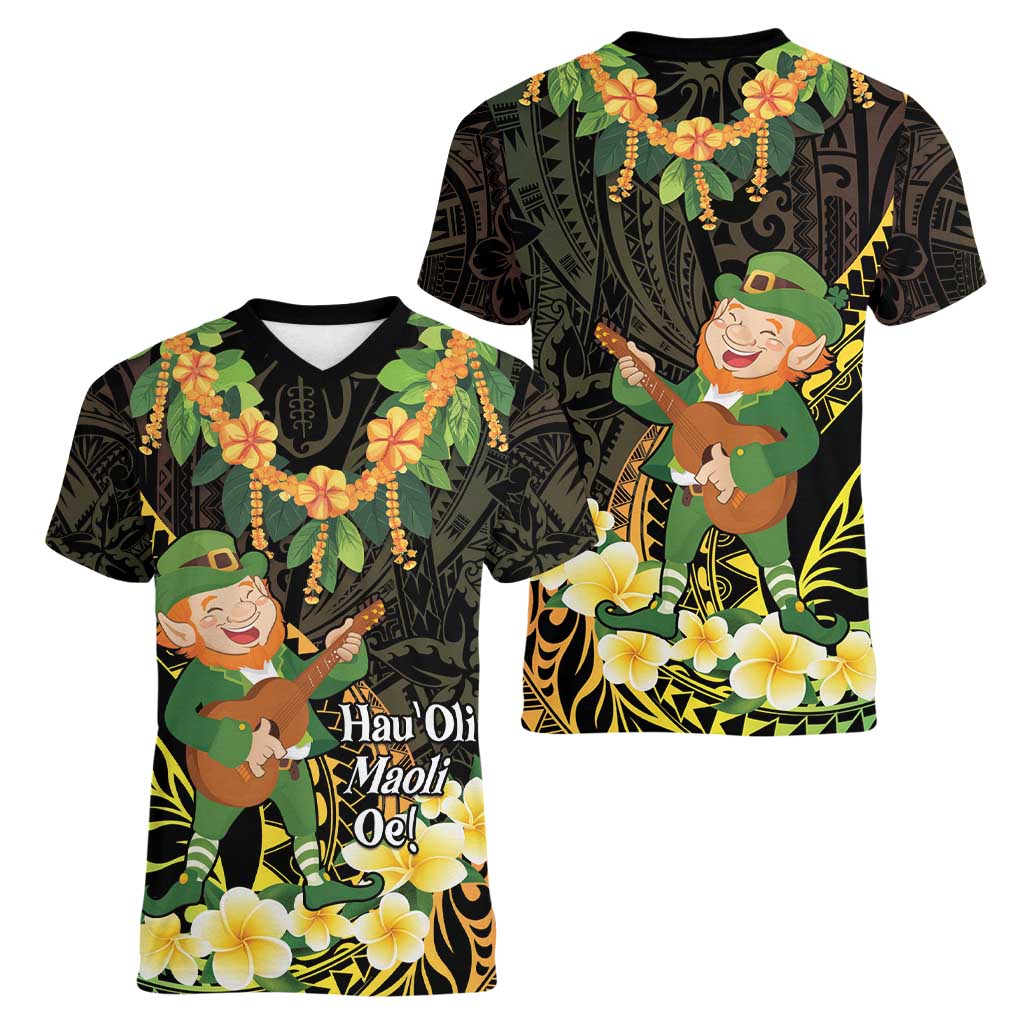 Hawaii Saint Patrick's Day Women V-Neck T-Shirt Ukulele Leprechaun Hau'Oli Maoli Oe! LT14 - Polynesian Pride
