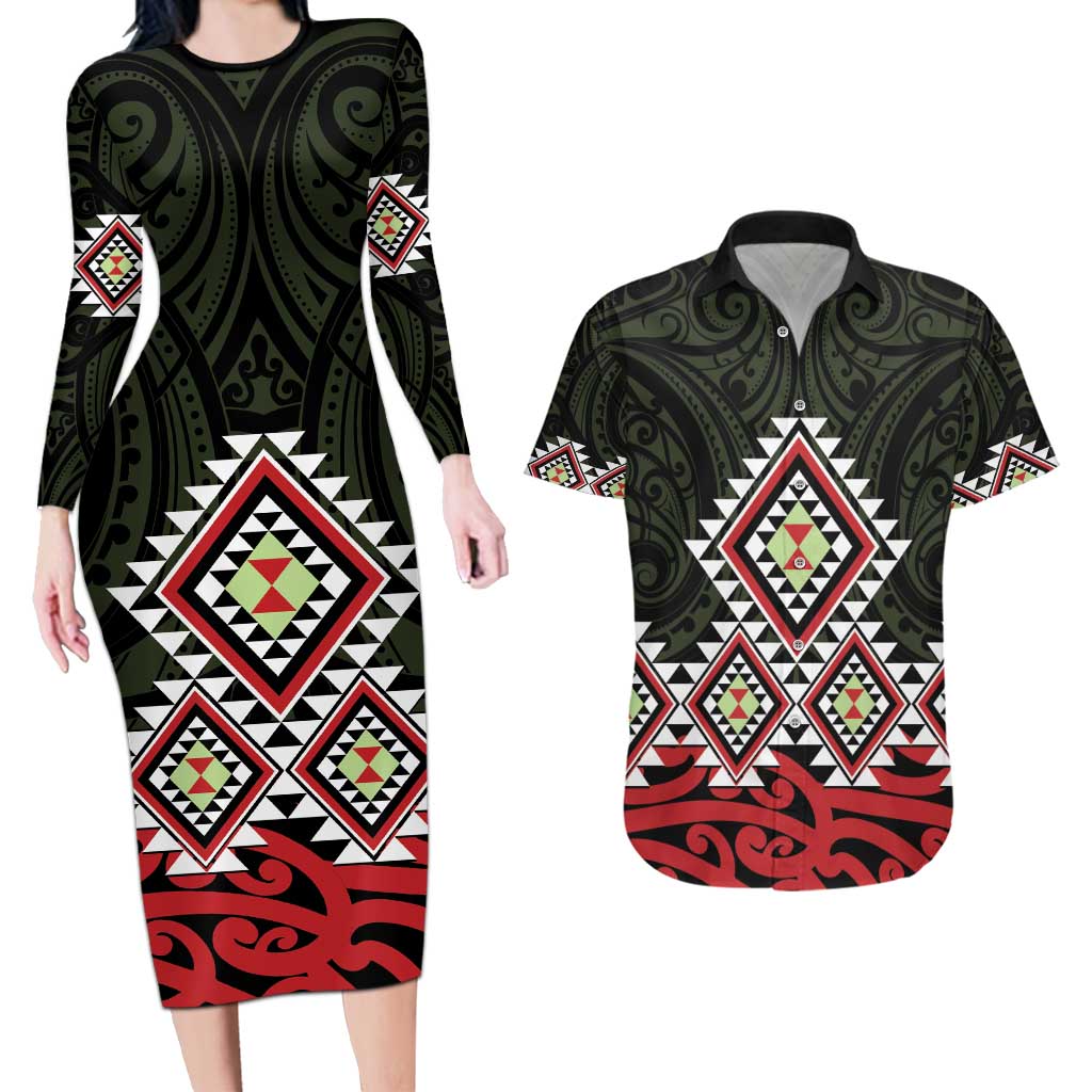 Kia Ora Aotearoa Couples Matching Long Sleeve Bodycon Dress and Hawaiian Shirt 2025 Pasifika Maori Taniko Motifs LT14 Black - Polynesian Pride