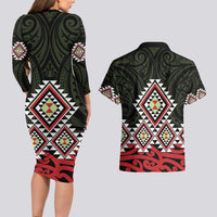 Kia Ora Aotearoa Couples Matching Long Sleeve Bodycon Dress and Hawaiian Shirt 2025 Pasifika Maori Taniko Motifs LT14 - Polynesian Pride