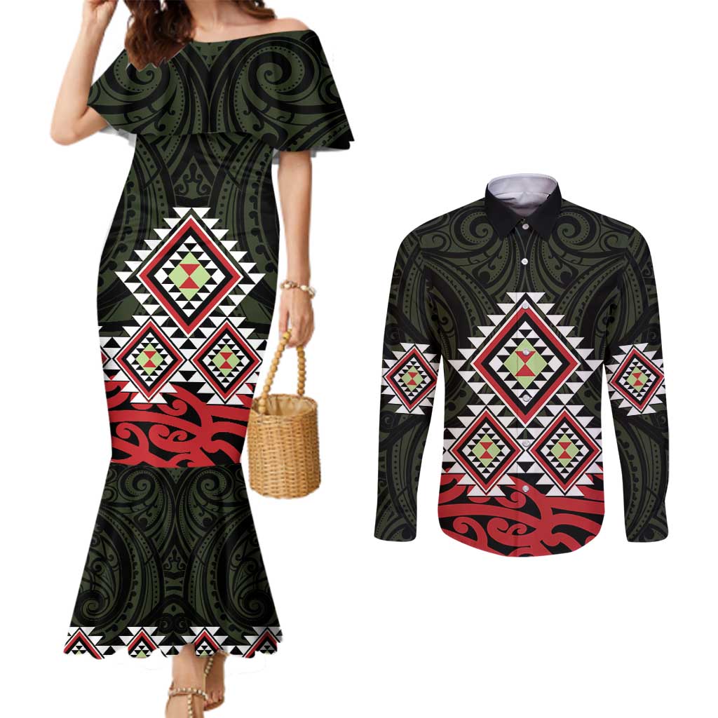Kia Ora Aotearoa Couples Matching Mermaid Dress and Long Sleeve Button Shirt 2025 Pasifika Maori Taniko Motifs LT14 Black - Polynesian Pride