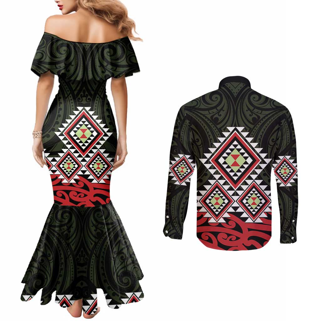 Kia Ora Aotearoa Couples Matching Mermaid Dress and Long Sleeve Button Shirt 2025 Pasifika Maori Taniko Motifs LT14 - Polynesian Pride