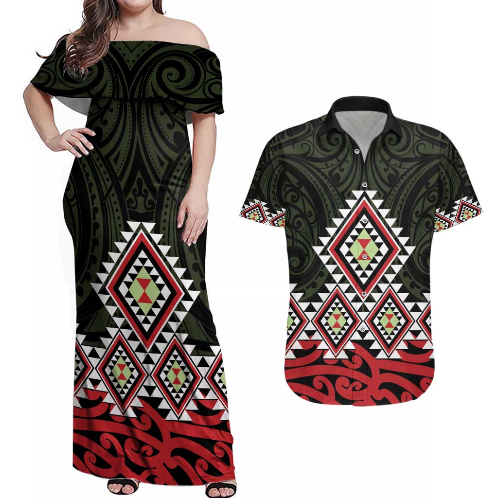 Kia Ora Aotearoa Couples Matching Off Shoulder Maxi Dress and Hawaiian Shirt 2025 Pasifika Maori Taniko Motifs LT14 Black - Polynesian Pride
