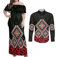 Kia Ora Aotearoa Couples Matching Off Shoulder Maxi Dress and Long Sleeve Button Shirt 2025 Pasifika Maori Taniko Motifs LT14 Black - Polynesian Pride