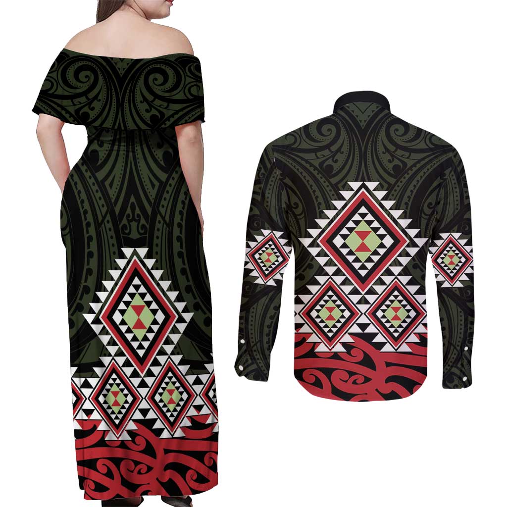 Kia Ora Aotearoa Couples Matching Off Shoulder Maxi Dress and Long Sleeve Button Shirt 2025 Pasifika Maori Taniko Motifs LT14 - Polynesian Pride