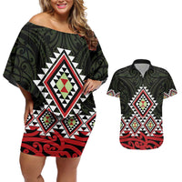 Kia Ora Aotearoa Couples Matching Off Shoulder Short Dress and Hawaiian Shirt 2025 Pasifika Maori Taniko Motifs LT14 Black - Polynesian Pride