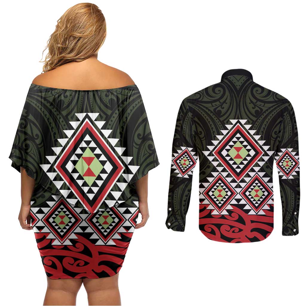 Kia Ora Aotearoa Couples Matching Off Shoulder Short Dress and Long Sleeve Button Shirt 2025 Pasifika Maori Taniko Motifs LT14 - Polynesian Pride