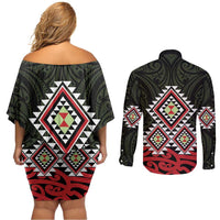 Kia Ora Aotearoa Couples Matching Off Shoulder Short Dress and Long Sleeve Button Shirt 2025 Pasifika Maori Taniko Motifs LT14 - Polynesian Pride
