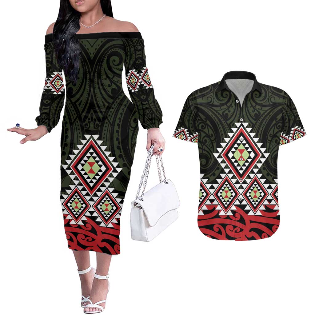 Kia Ora Aotearoa Couples Matching Off The Shoulder Long Sleeve Dress and Hawaiian Shirt 2025 Pasifika Maori Taniko Motifs LT14 Black - Polynesian Pride