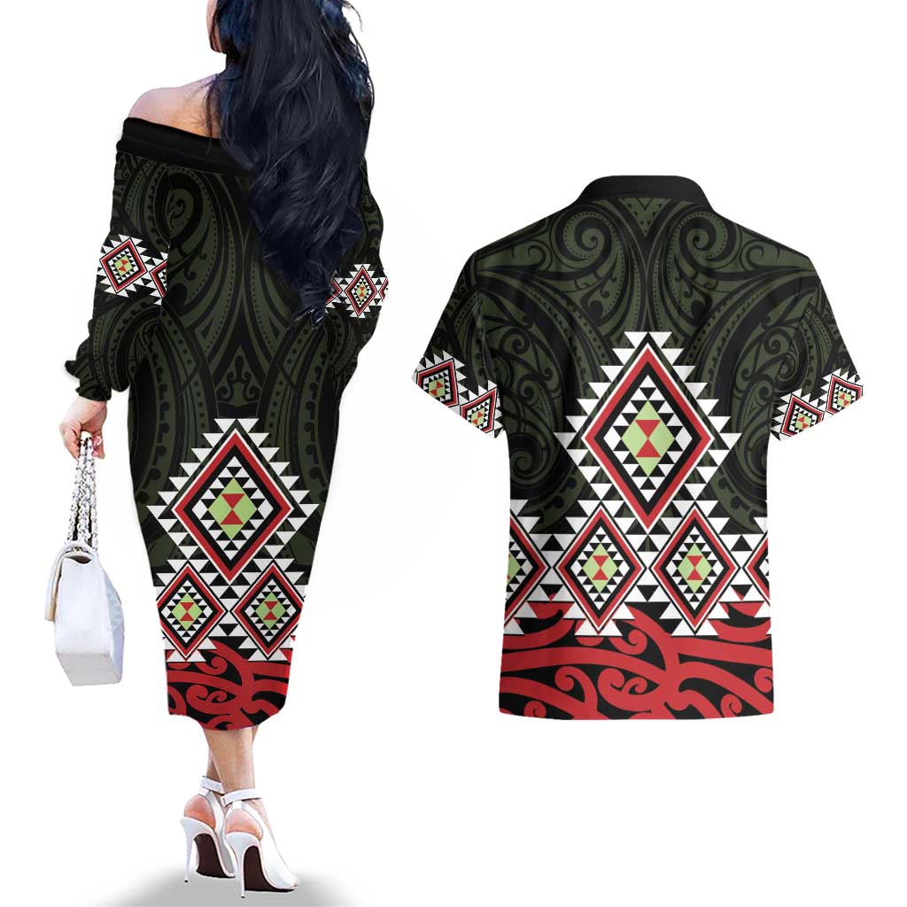 Kia Ora Aotearoa Couples Matching Off The Shoulder Long Sleeve Dress and Hawaiian Shirt 2025 Pasifika Maori Taniko Motifs LT14 - Polynesian Pride