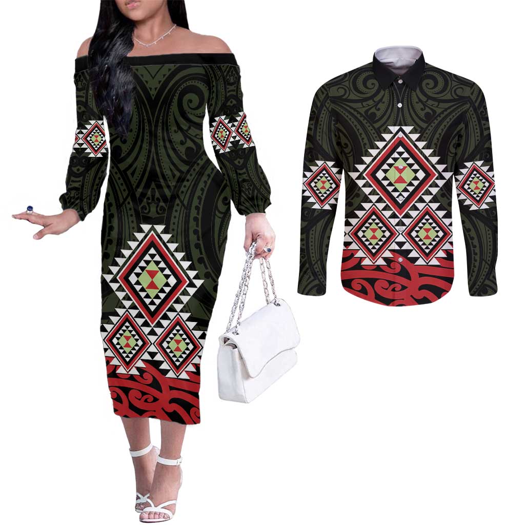 Kia Ora Aotearoa Couples Matching Off The Shoulder Long Sleeve Dress and Long Sleeve Button Shirt 2025 Pasifika Maori Taniko Motifs LT14 Black - Polynesian Pride