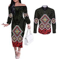 Kia Ora Aotearoa Couples Matching Off The Shoulder Long Sleeve Dress and Long Sleeve Button Shirt 2025 Pasifika Maori Taniko Motifs LT14 Black - Polynesian Pride