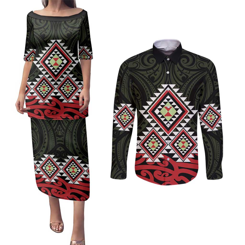 Kia Ora Aotearoa Couples Matching Puletasi and Long Sleeve Button Shirt 2025 Pasifika Maori Taniko Motifs LT14 Black - Polynesian Pride