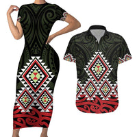 Kia Ora Aotearoa Couples Matching Short Sleeve Bodycon Dress and Hawaiian Shirt 2025 Pasifika Maori Taniko Motifs LT14 Black - Polynesian Pride