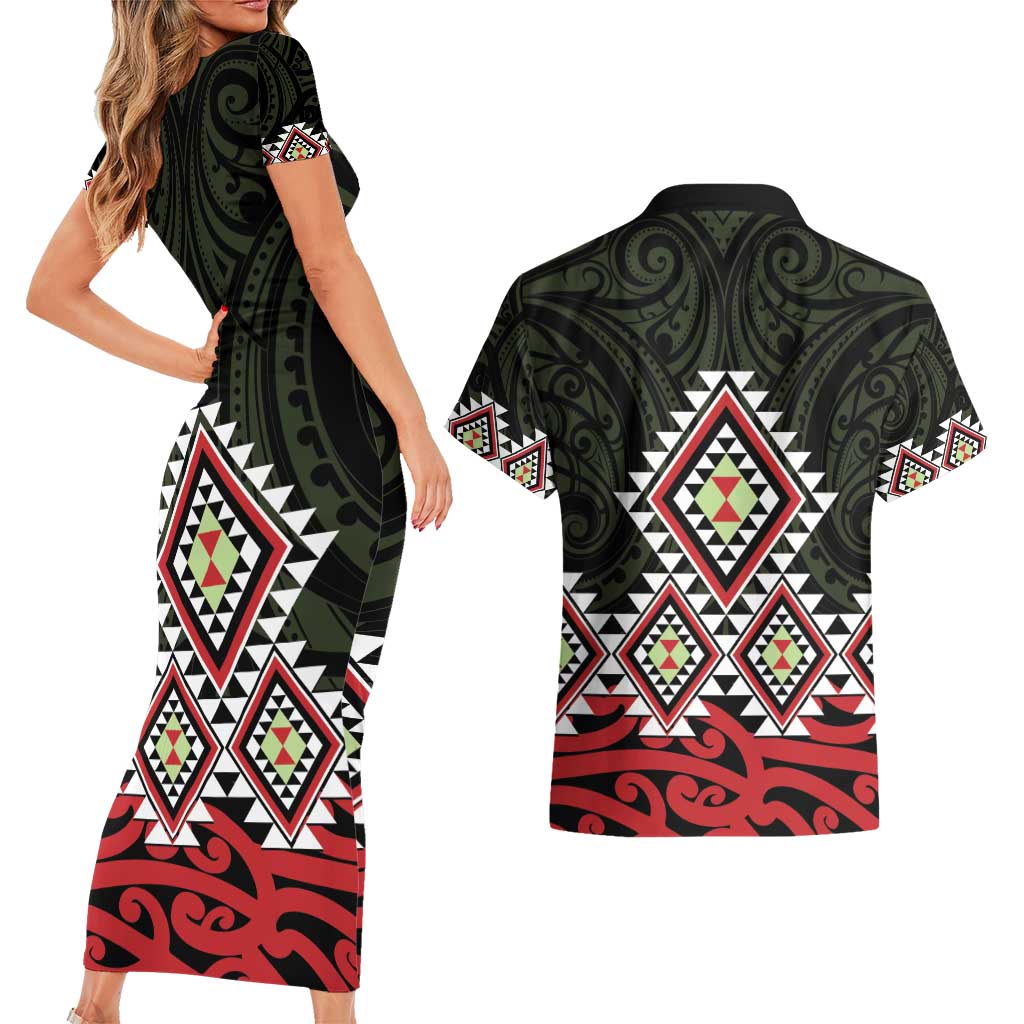 Kia Ora Aotearoa Couples Matching Short Sleeve Bodycon Dress and Hawaiian Shirt 2025 Pasifika Maori Taniko Motifs LT14 - Polynesian Pride