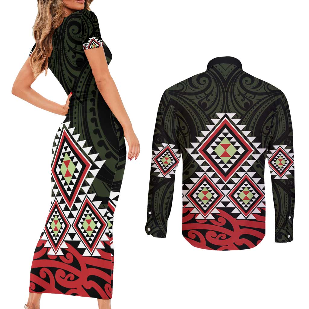 Kia Ora Aotearoa Couples Matching Short Sleeve Bodycon Dress and Long Sleeve Button Shirt 2025 Pasifika Maori Taniko Motifs LT14 - Polynesian Pride