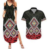 Kia Ora Aotearoa Couples Matching Summer Maxi Dress and Hawaiian Shirt 2025 Pasifika Maori Taniko Motifs LT14 Black - Polynesian Pride