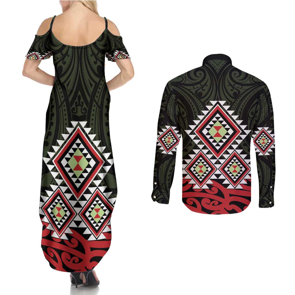 Kia Ora Aotearoa Couples Matching Summer Maxi Dress and Long Sleeve Button Shirt 2025 Pasifika Maori Taniko Motifs LT14 - Polynesian Pride