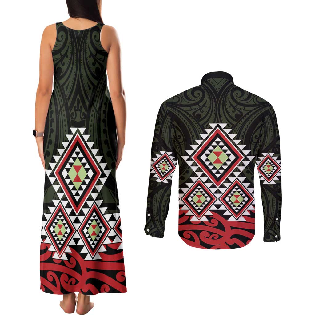 Kia Ora Aotearoa Couples Matching Tank Maxi Dress and Long Sleeve Button Shirt 2025 Pasifika Maori Taniko Motifs LT14 - Polynesian Pride