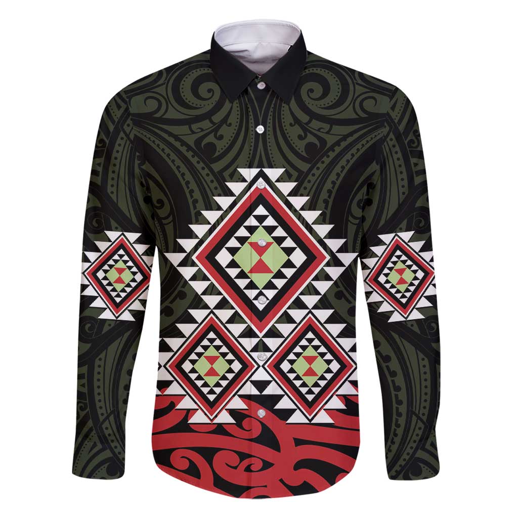 Kia Ora Aotearoa Family Matching Long Sleeve Bodycon Dress and Hawaiian Shirt 2025 Pasifika Maori Taniko Motifs LT14 Dad's Shirt - Long Sleeve Black - Polynesian Pride