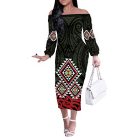 Kia Ora Aotearoa Family Matching Off The Shoulder Long Sleeve Dress and Hawaiian Shirt 2025 Pasifika Maori Taniko Motifs LT14 Mom's Dress Black - Polynesian Pride