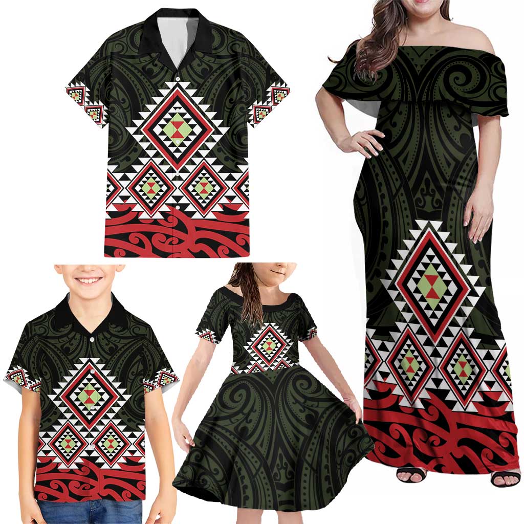 Kia Ora Aotearoa Family Matching Off Shoulder Maxi Dress and Hawaiian Shirt 2025 Pasifika Maori Taniko Motifs LT14 - Polynesian Pride