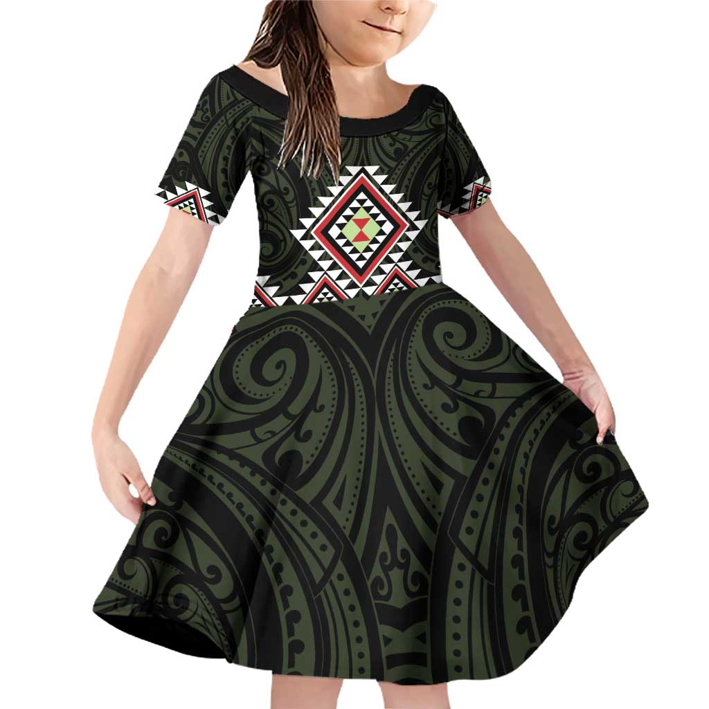 Kia Ora Aotearoa Family Matching Off Shoulder Short Dress and Hawaiian Shirt 2025 Pasifika Maori Taniko Motifs LT14 Daughter's Dress Black - Polynesian Pride