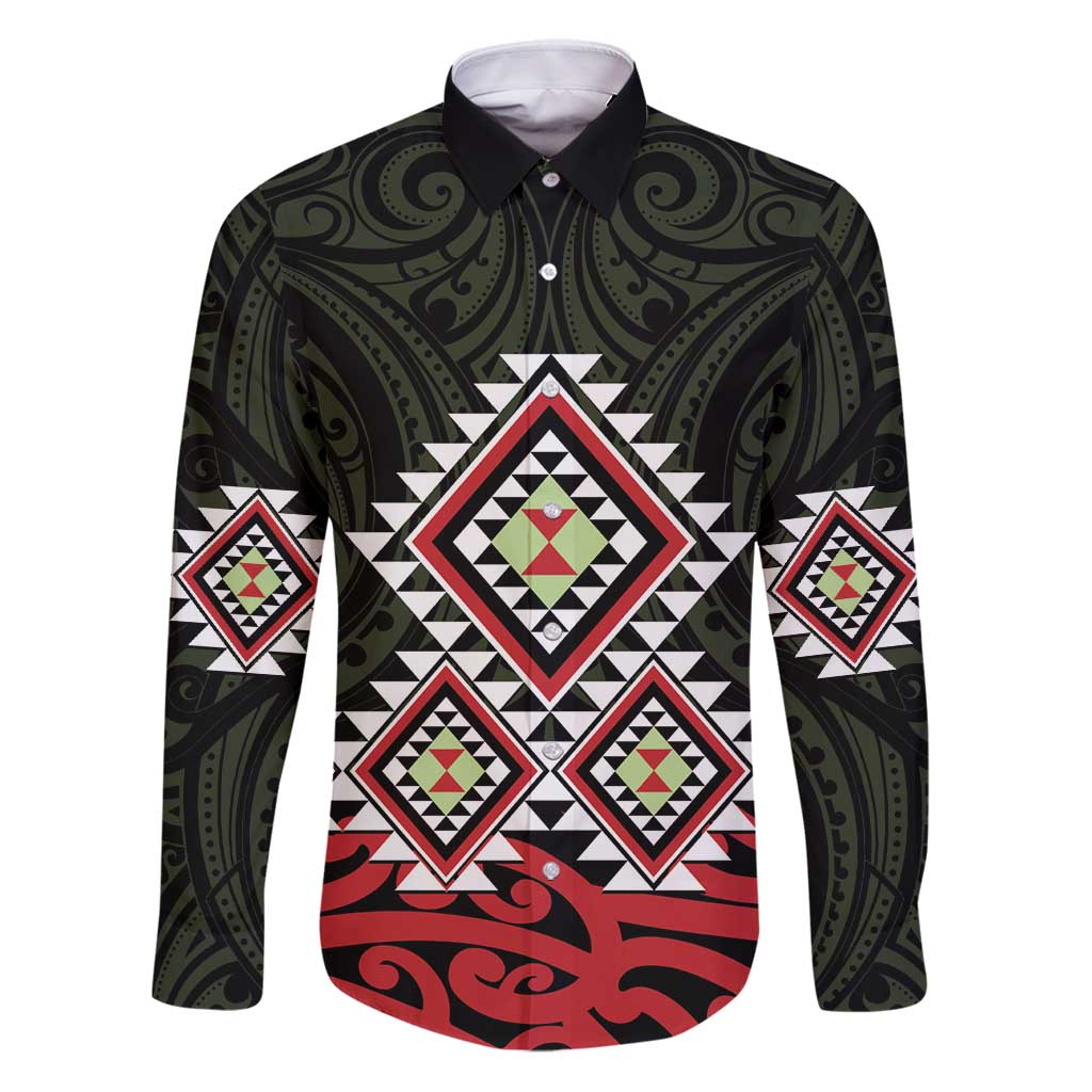 Kia Ora Aotearoa Family Matching Puletasi and Hawaiian Shirt 2025 Pasifika Maori Taniko Motifs LT14 Dad's Shirt - Long Sleeve Black - Polynesian Pride