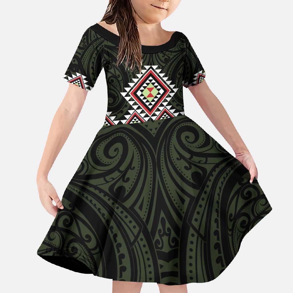 Kia Ora Aotearoa Family Matching Tank Maxi Dress and Hawaiian Shirt 2025 Pasifika Maori Taniko Motifs LT14 Daughter's Dress Black - Polynesian Pride