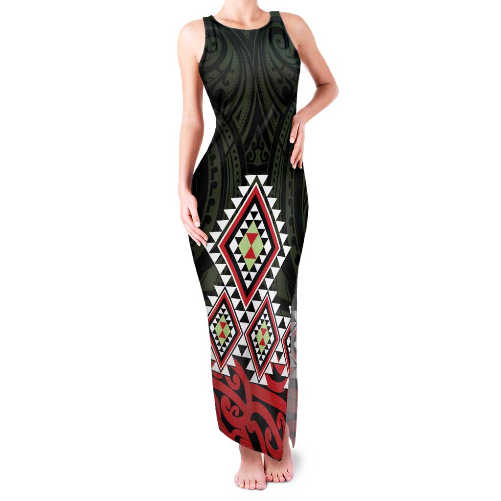 Kia Ora Aotearoa Family Matching Tank Maxi Dress and Hawaiian Shirt 2025 Pasifika Maori Taniko Motifs LT14 Mom's Dress Black - Polynesian Pride