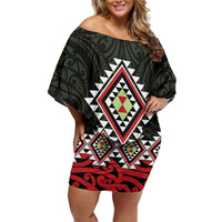 Kia Ora Aotearoa Off Shoulder Short Dress 2025 Pasifika Maori Taniko Motifs LT14 Women Black - Polynesian Pride