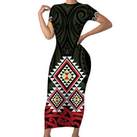 Kia Ora Aotearoa Short Sleeve Bodycon Dress 2025 Pasifika Maori Taniko Motifs LT14 Long Dress Black - Polynesian Pride