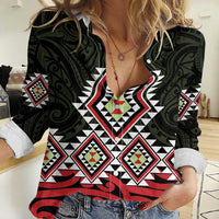 Kia Ora Aotearoa Women Casual Shirt 2025 Pasifika Maori Taniko Motifs LT14 Female Black - Polynesian Pride