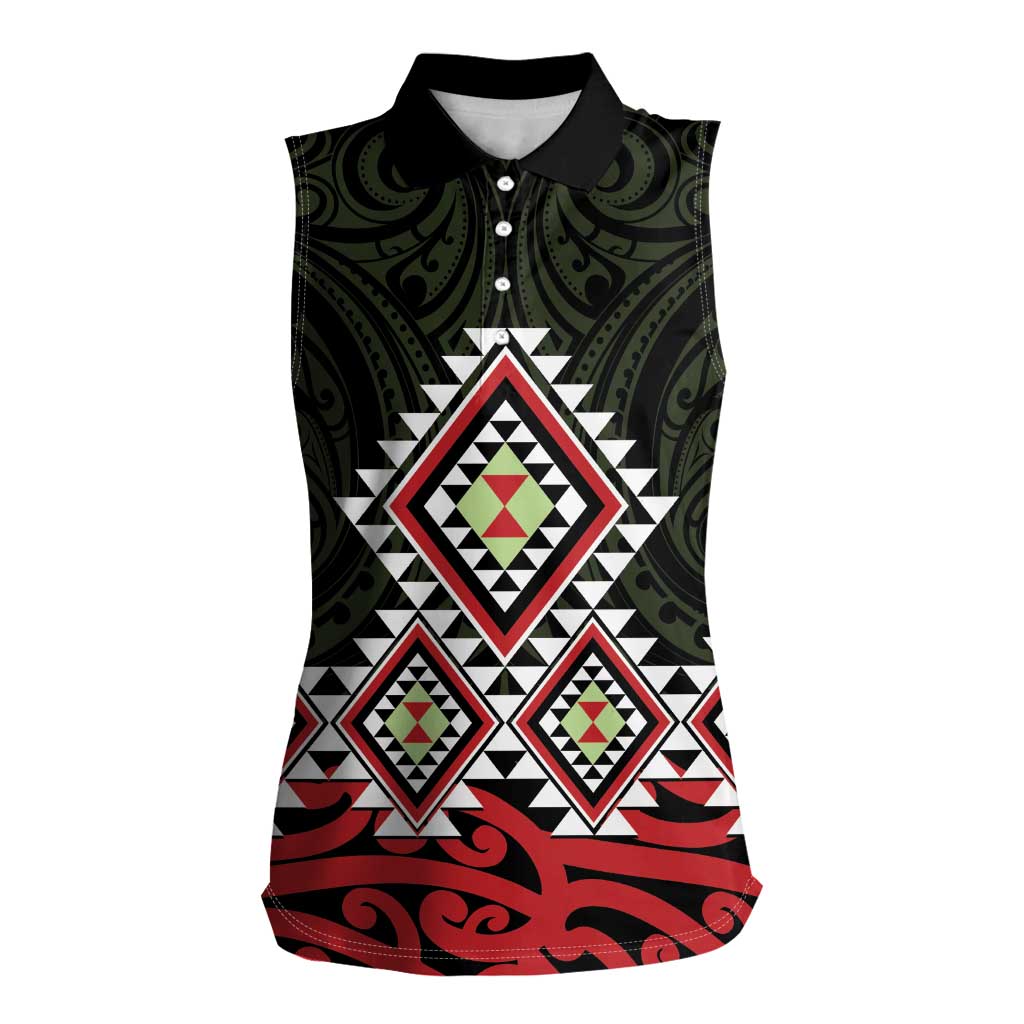 Kia Ora Aotearoa Women Sleeveless Polo Shirt 2025 Pasifika Maori Taniko Motifs LT14 Female Black - Polynesian Pride
