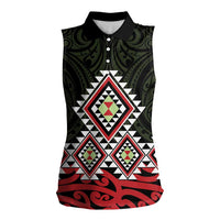 Kia Ora Aotearoa Women Sleeveless Polo Shirt 2025 Pasifika Maori Taniko Motifs LT14 Female Black - Polynesian Pride