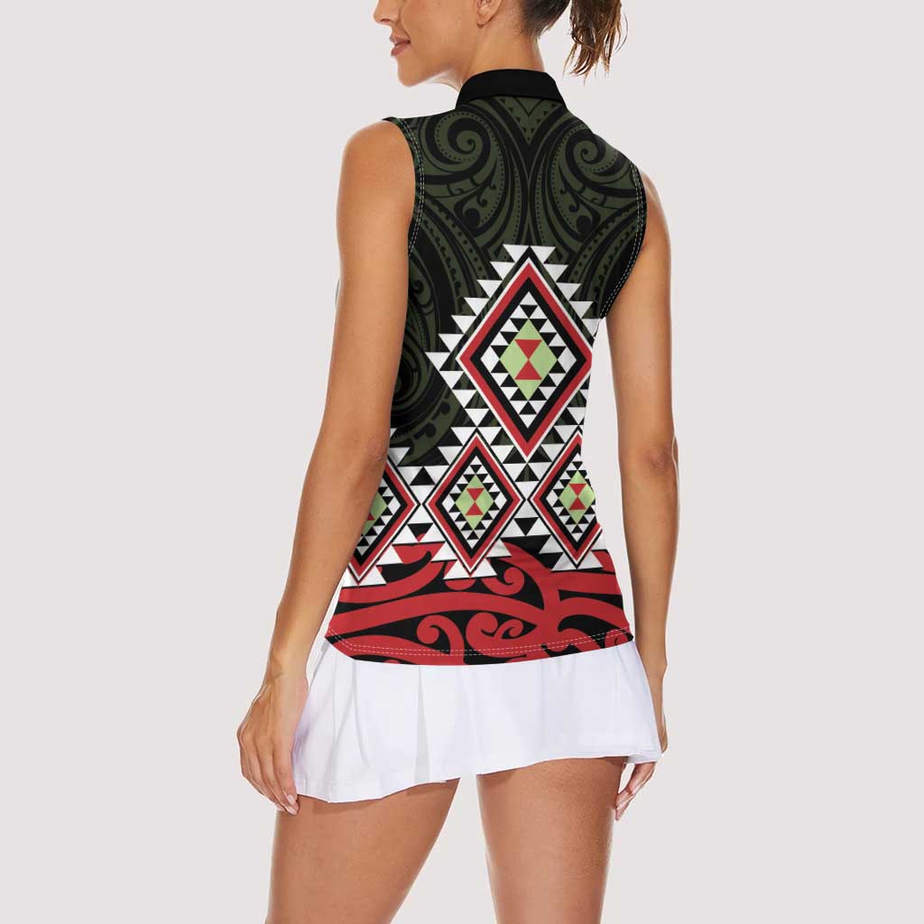 Kia Ora Aotearoa Women Sleeveless Polo Shirt 2025 Pasifika Maori Taniko Motifs LT14 - Polynesian Pride