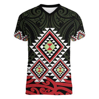 Kia Ora Aotearoa Women V-Neck T-Shirt 2025 Pasifika Maori Taniko Motifs LT14 Female Black - Polynesian Pride