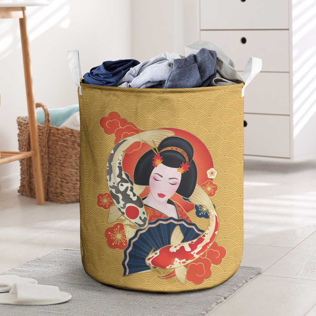 Japanese Geisha Koi Fish Laundry Basket Cherry Blossoms Yellow Seigaiha Pattern - Polynesian Pride