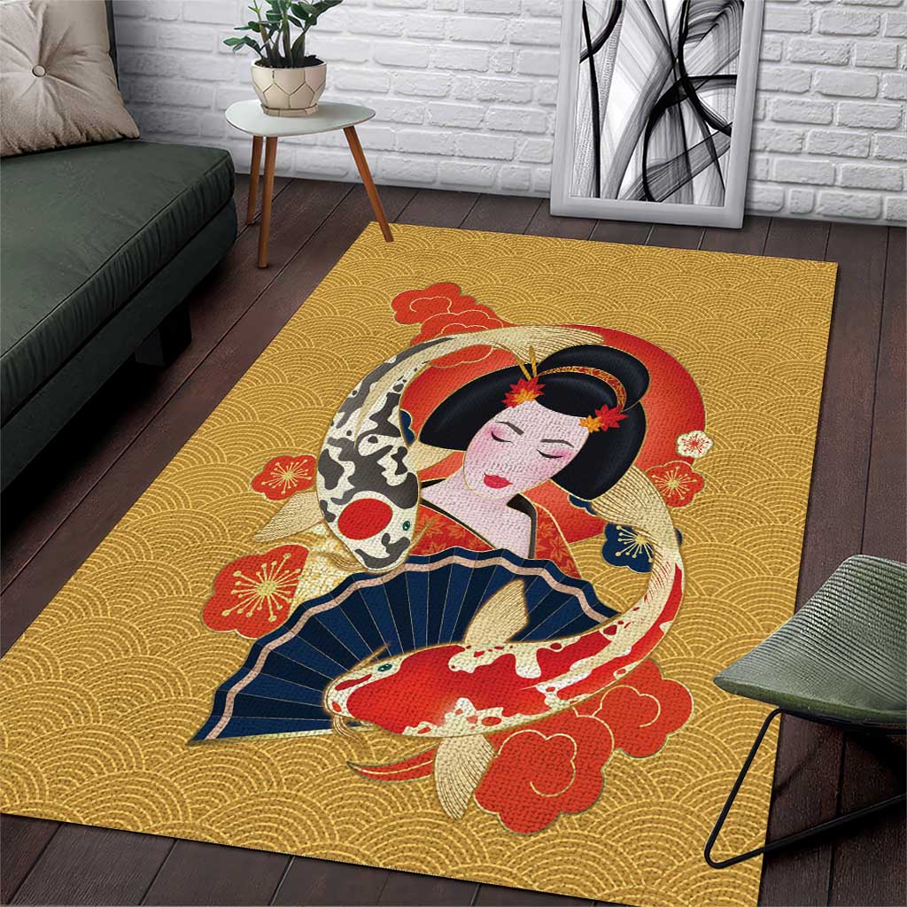 Japanese Geisha Koi Fish Area Rug Cherry Blossoms Yellow Seigaiha Pattern - Polynesian Pride