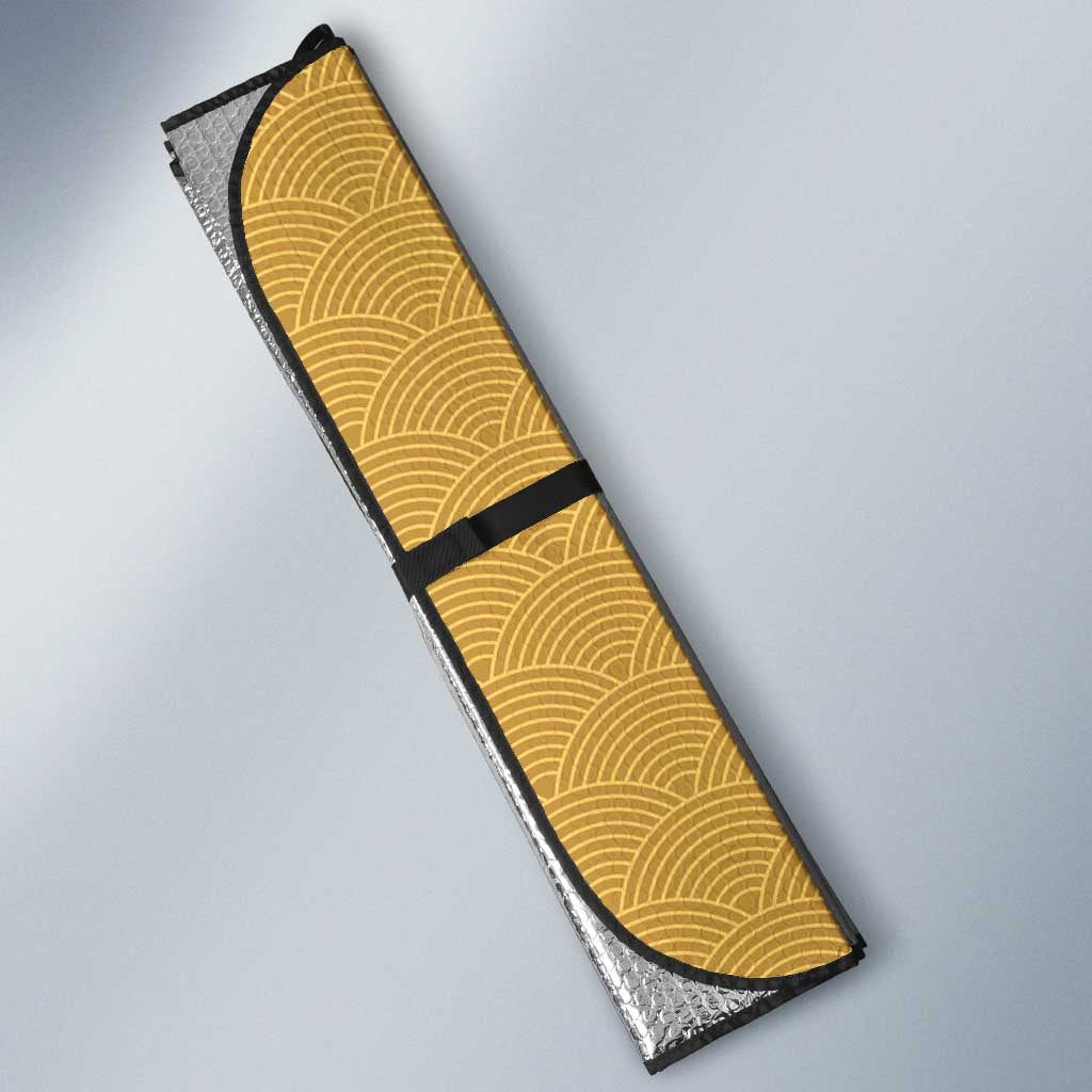 Japanese Geisha Koi Fish Auto Sun Shade Cherry Blossoms Yellow Seigaiha Pattern - Polynesian Pride