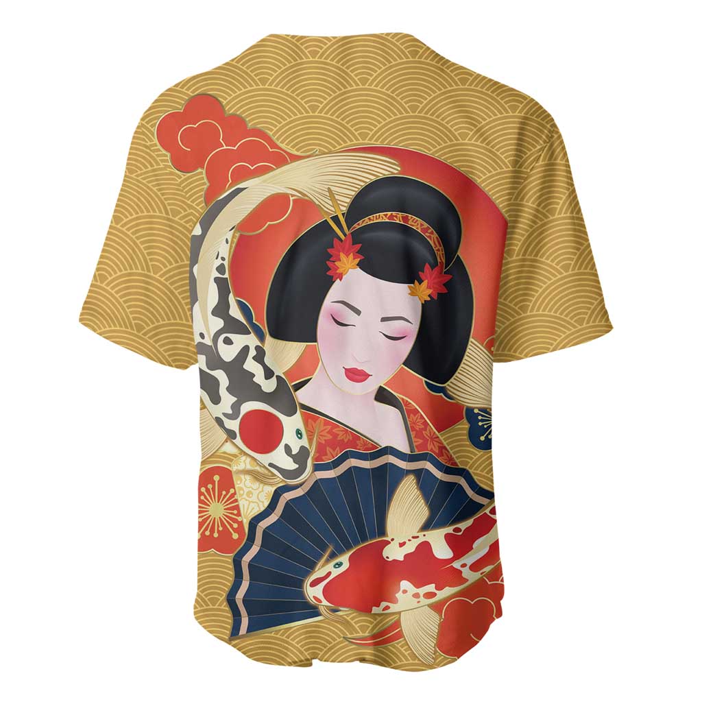Japanese Geisha Koi Fish Baseball Jersey Cherry Blossoms Yellow Seigaiha Pattern - Polynesian Pride