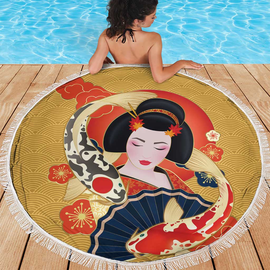 Japanese Geisha Koi Fish Beach Blanket Cherry Blossoms Yellow Seigaiha Pattern - Polynesian Pride