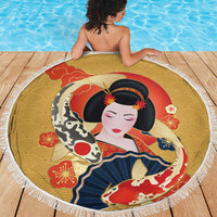 Japanese Geisha Koi Fish Beach Blanket Cherry Blossoms Yellow Seigaiha Pattern - Polynesian Pride