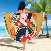 Japanese Geisha Koi Fish Beach Blanket Cherry Blossoms Yellow Seigaiha Pattern - Polynesian Pride