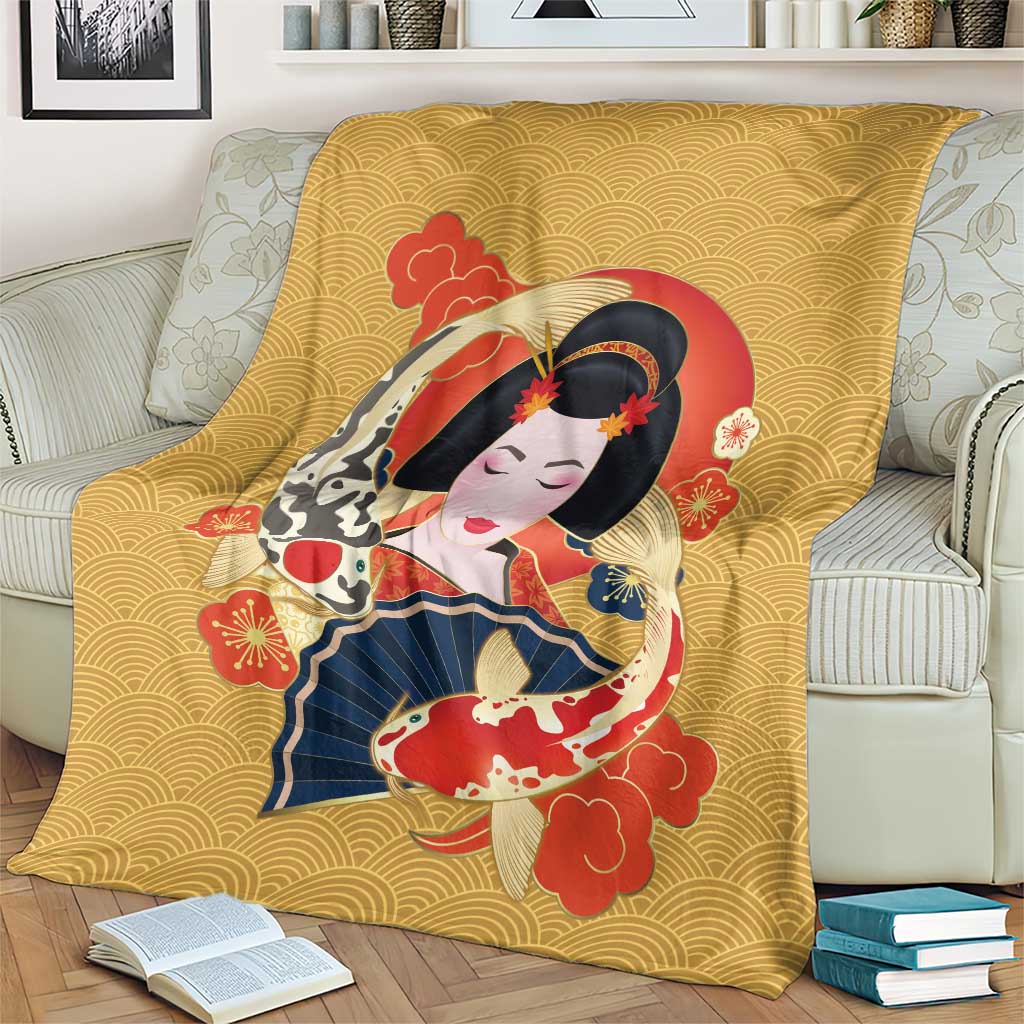 Japanese Geisha Koi Fish Blanket Cherry Blossoms Yellow Seigaiha Pattern - Polynesian Pride