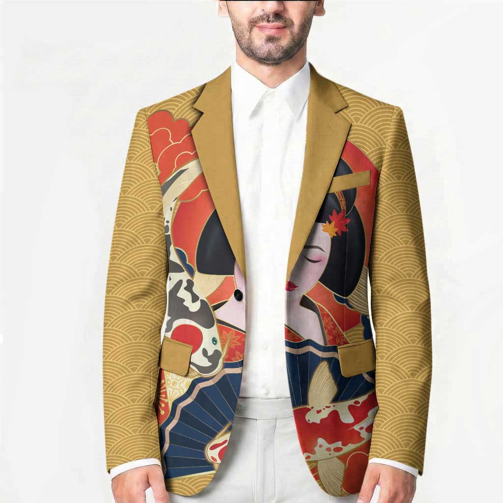 Japanese Geisha Koi Fish Blazer Cherry Blossoms Yellow Seigaiha Pattern - Polynesian Pride