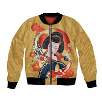 Japanese Geisha Koi Fish Bomber Jacket Cherry Blossoms Yellow Seigaiha Pattern - Polynesian Pride